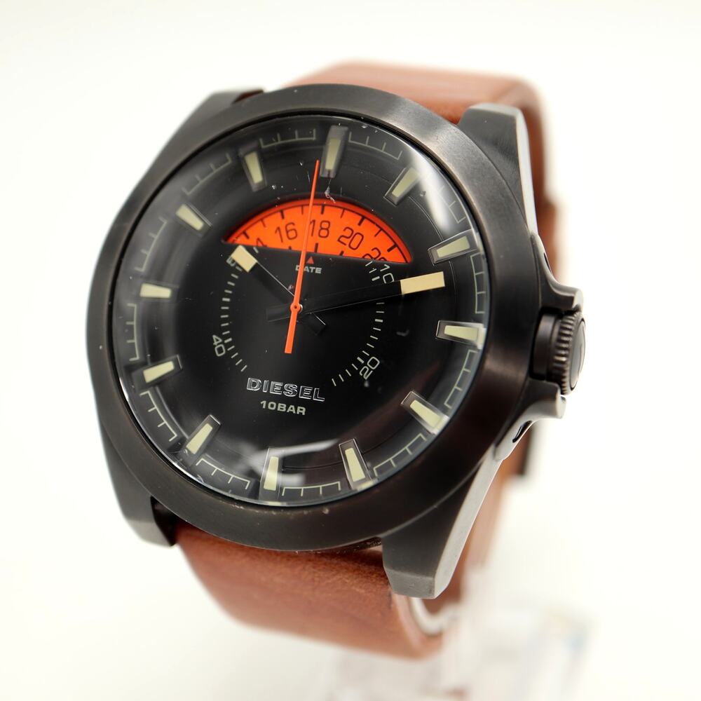 Diesel Arges Mens 46mm Watch Black Orange Date Disc Leather DZ1660 w New Battery
